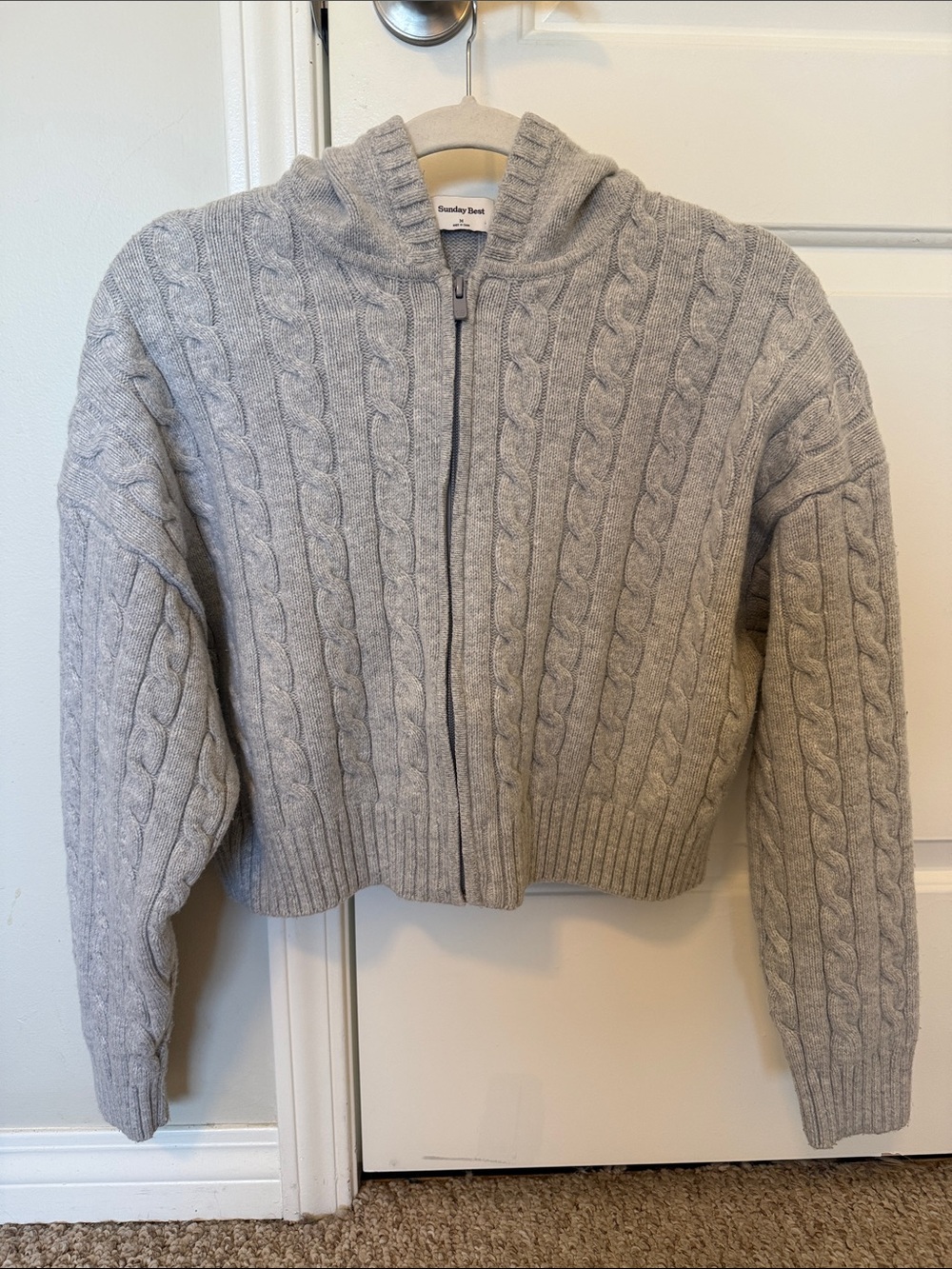 Aritzia Sunday Best Light Gray Cable Knit Zip Hoodie